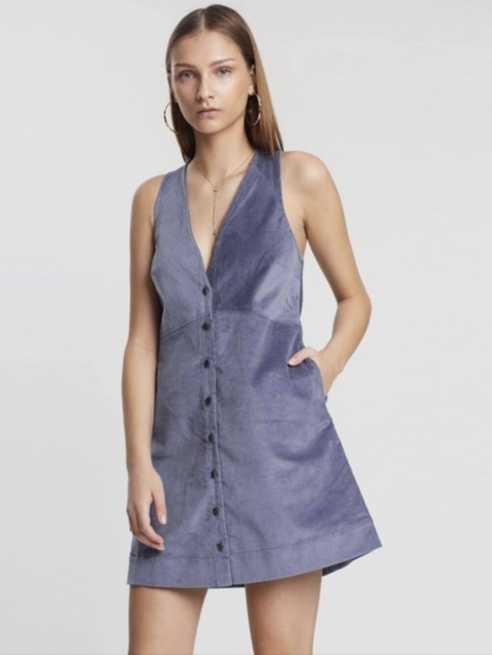 Free People Blue-Purple Corduroy Button-Front V-Neck Sleeveless Mini Dress. L.
